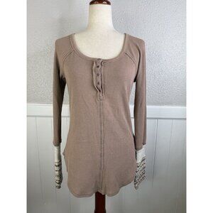 Free People Top Womens Large Alpine Cuff Waffle Henley Thermal Ski Lodge Crochet